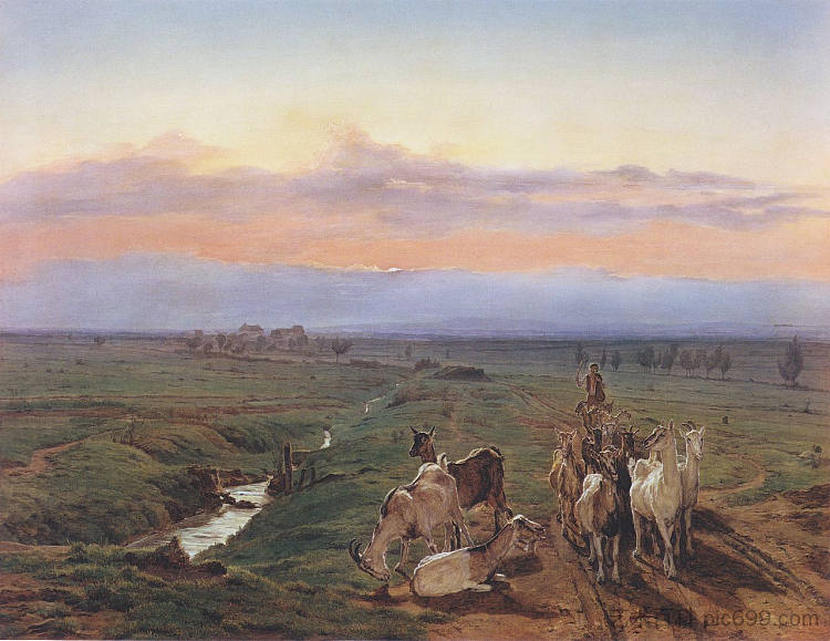傍晚景观与一群山羊 Evening landscape with herd of goats (1847),费尔迪南德·乔治·瓦尔特米勒