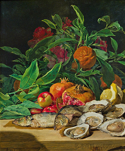 静物与牡蛎,鱼和异国水果 Still Life with Oysters, Fish and Exotic Fruit (1842),费尔迪南德·乔治·瓦尔特米勒