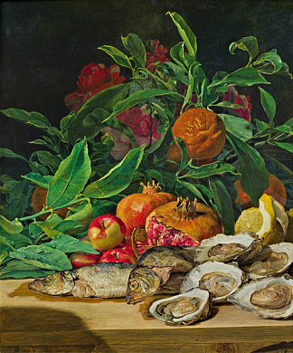 静物与牡蛎，鱼和异国水果 Still Life with Oysters, Fish and Exotic Fruit (1842)，费尔迪南德·乔治·瓦尔特米勒