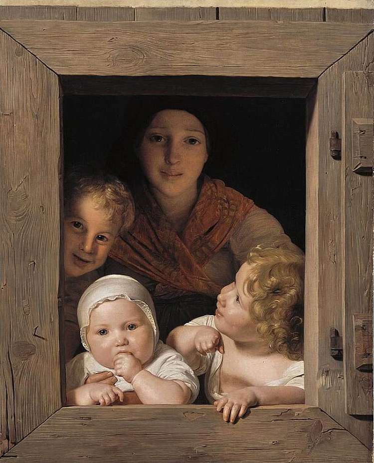 窗前有三个孩子的年轻农妇 Young Peasant Woman with Three Children at the Window (1840)，费尔迪南德·乔治·瓦尔特米勒