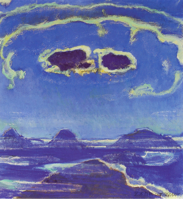 月光下的艾格峰、僧侣峰和少女峰 Eiger, Monch and Jungfrau in Moonlight (1908),费迪南德·霍德勒