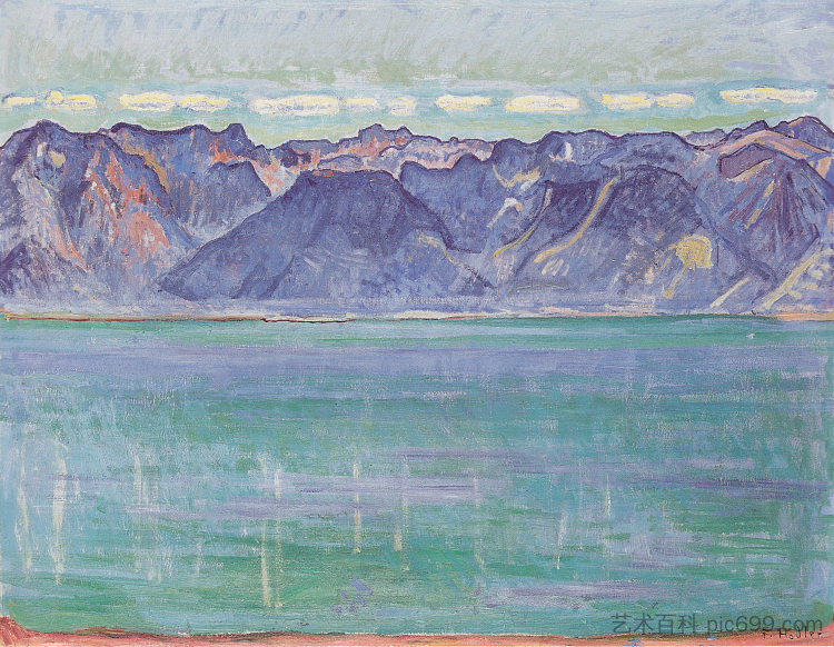 日内瓦湖，俯瞰萨沃伊贝赫 Lake Geneva, overlooking the Savoyerberge (c.1906)，费迪南德·霍德勒