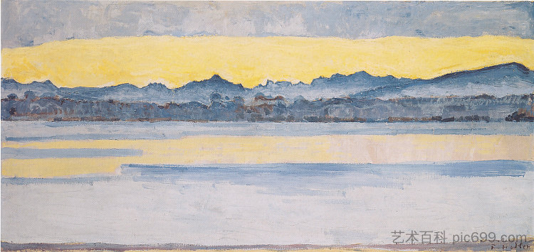 黎明时分的日内瓦湖与勃朗峰 Lake Geneva with Mont Blanc at dawn (1918)，费迪南德·霍德勒