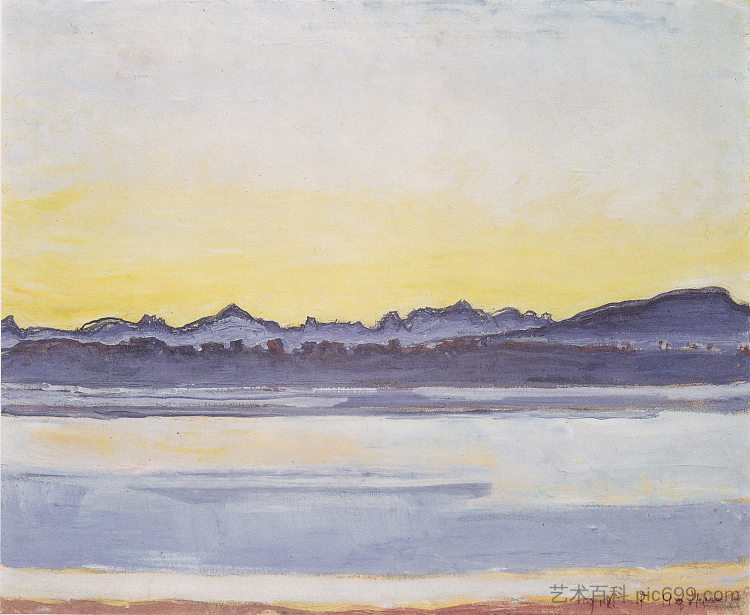 日出前的日内瓦湖与勃朗峰 Lake Geneva with Mont Blanc before sunrise (1918)，费迪南德·霍德勒