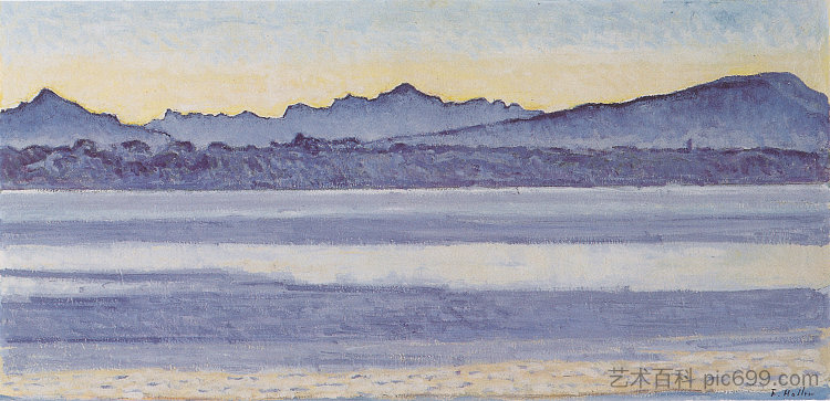 日内瓦湖与勃朗峰在晨光中 Lake Geneva with Mont Blanc in the morning light (1918)，费迪南德·霍德勒