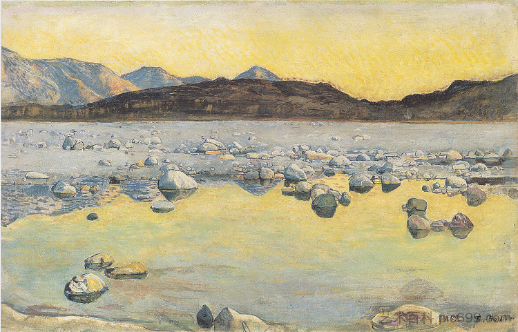 日出前的马吉亚三角洲 Maggia Delta before sunrise (1893)，费迪南德·霍德勒