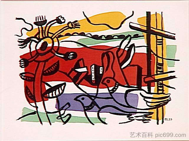 两只鸟的构图(鸟类景观) Composition in two birds (Landscape with birds) (1954),费尔南德·莱热
