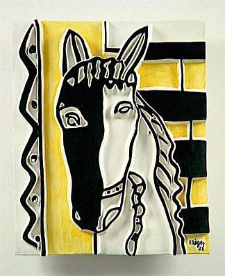 黄色背景上的马头 Horse head on a yellow background (1953)，费尔南德·莱热