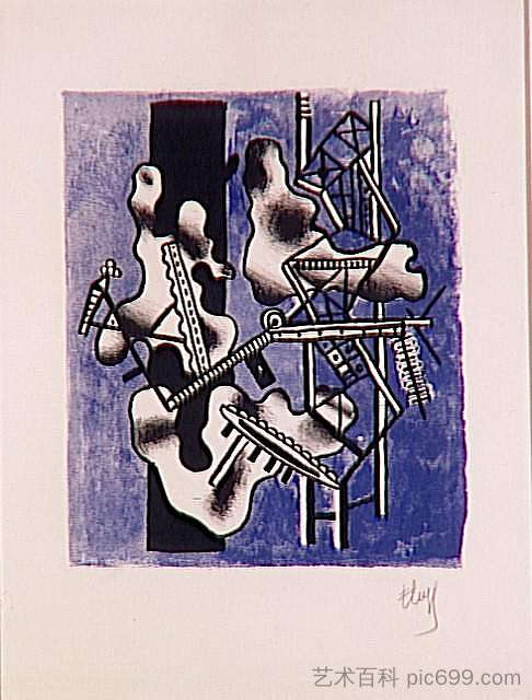 蓝色背景上的机械元件 Mechanical Elements on a blue background (1948)，费尔南德·莱热