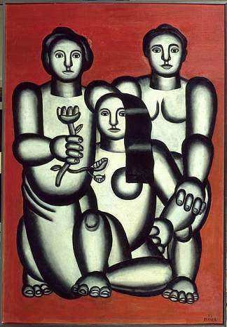 红色背景上的三个女孩（与三个女人组成） Three girls on red background (composition with three women) (1927)，费尔南德·莱热