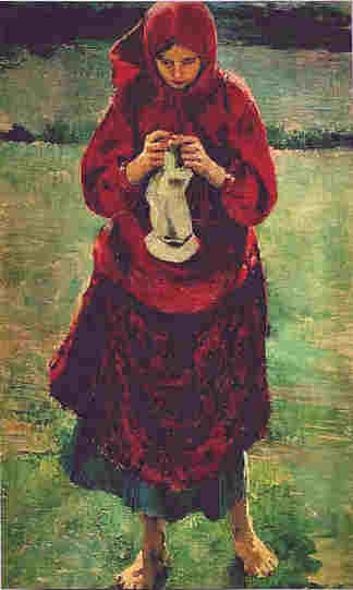 农家女孩编织丝袜 Peasant Girl Knitting a Stocking (1895)，菲利普·马利亚温