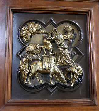 以撒的牺牲，洗礼门的青铜比赛浮雕，佛罗伦萨，1401年（青铜） The Sacrifice of Isaac, bronze competition relief for the Baptistry Doors, Florence, 1401 (bronze) (1401; Italy                     )，菲利波·布鲁内莱斯基