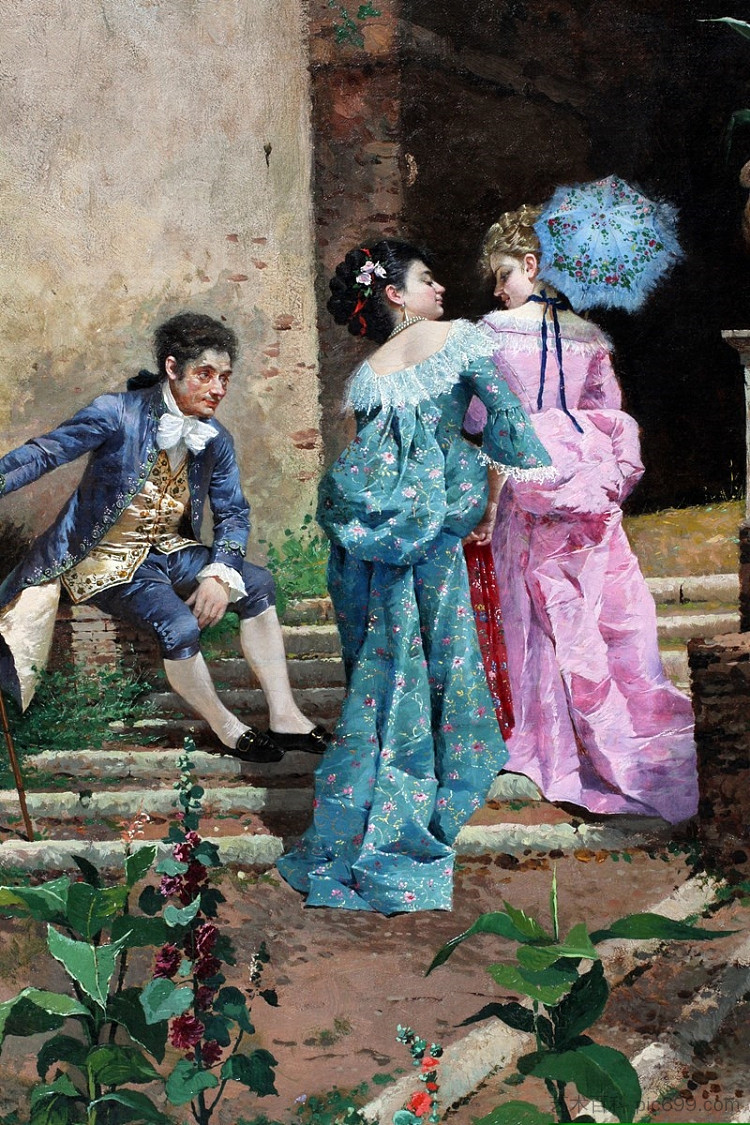 两位女士和一位绅士漫步在古典建筑景观中 Two ladies and a gentleman strolling through a classical architectural landscape (c.1878),菲利波·因多尼