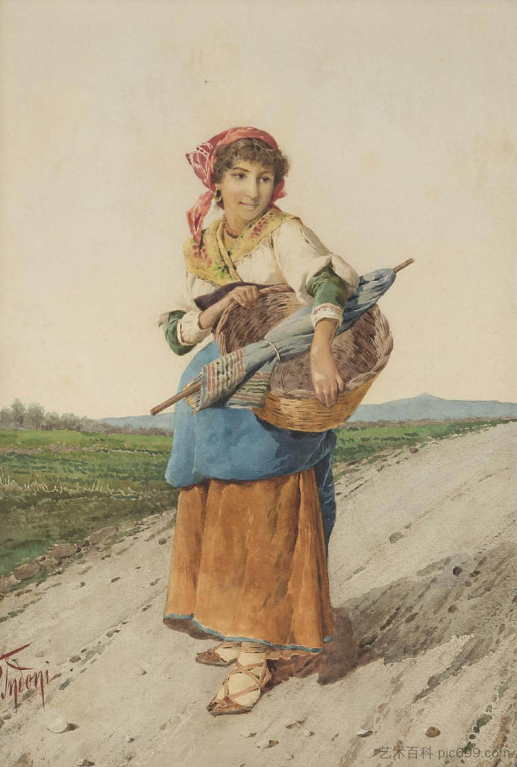 拿着篮子和雨伞的农妇 Peasant woman with basket and umbrella，菲利波·因多尼