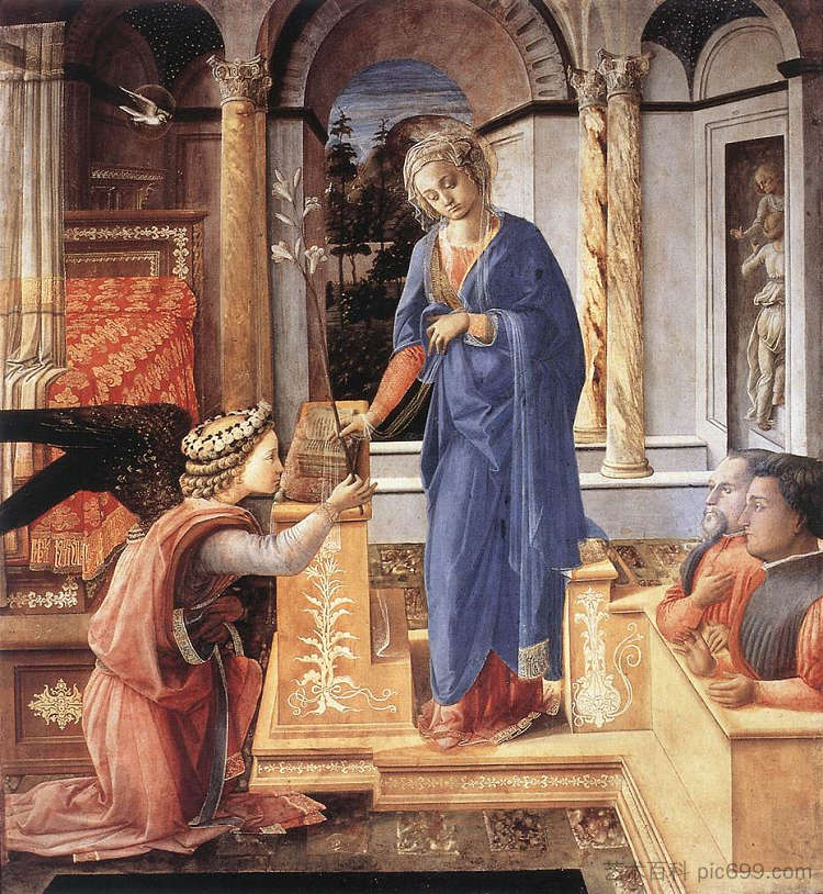 与两个跪下的捐赠者的天使报喜 The Annunciation with two Kneeling Donors (1455),弗拉·菲利普·利比