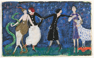 尤里迪斯和她的蛇，两个探戈舞者和圣弗朗西斯。艺术家芭蕾舞剧《四重奏艺术的奥尔菲》的服装设计 Euridice and her Snake, Two Tango Dancers and St. Francis. Costume design for the artist’s ballet “Orphée of the Quat’z Arts” (1912)，弗洛琳·史提海莫