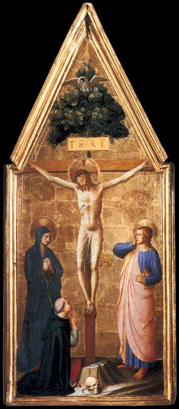 将基督与圣母钉十字架，福音传教士圣约翰和红衣主教胡安·德·托尔克马达 Crucified Christ with the Virgin, St. John the Evangelist and Cardinal Juan de Torquemada (1440 - 1442)，弗拉·安吉利科