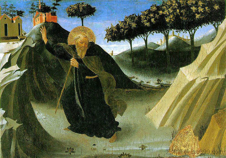 被一块金子诱惑的住持圣安东尼 Saint Anthony the Abbot Tempted by a Lump of Gold (1436)，弗拉·安吉利科