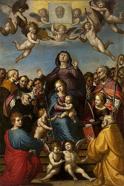 麦当娜和孩子与圣安妮和佛罗伦萨的守护神 Madonna and Child with Saint Anne and the patron saints of Florence (c.1510; Lucca,Italy  )，弗拉·巴尔托洛梅奥