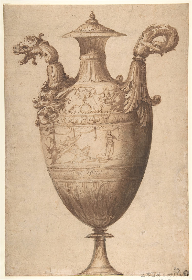 设计带有大力神和法尔内塞百合花的花瓶 Design for a Vase with Hercules and Farnese Lilies，弗朗切斯科·德·罗西（弗朗切斯科·萨尔维亚蒂），“狙击手”