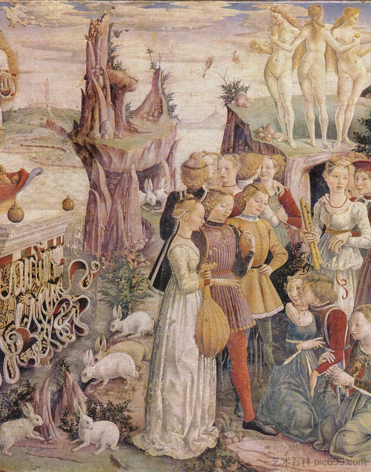 四月。希法诺亚宫的壁画（局部） - 维纳斯的胜利 April. Fresco in Palazzo Schifanoia (detail) - Triumph of Venus (1470)，弗朗切斯科·德尔·科萨