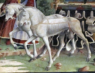 三月的寓言——密涅瓦的胜利和白羊座的标志。希法诺亚宫壁画（局部） Allegory of March – Triumph of Minerva and Sign of Aries. Frescos in Palazzo Schifanoia (detail) (1470)，弗朗切斯科·德尔·科萨