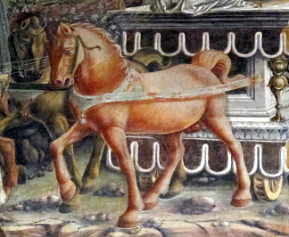 五月的寓言——阿波罗的胜利。希法诺亚宫壁画（局部） Allegory of May – Triumph of Appolo. Frescos in Palazzo Schifanoia (detail) (1470)，弗朗切斯科·德尔·科萨