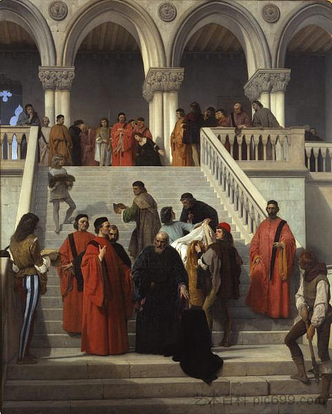总督马林·法列罗在“德尔皮翁博”楼梯上的最后时刻 The Final Moments of Doge Marin Faliero on the “del Piombo” Staircase (1867; Italy ),弗朗切斯科·海兹
