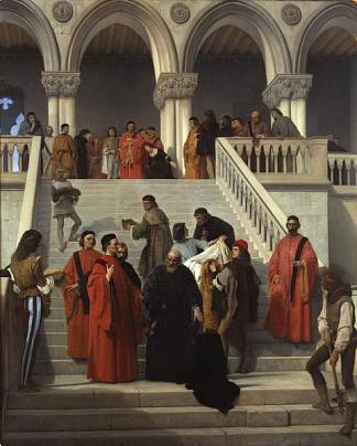 总督马林·法列罗在“德尔皮翁博”楼梯上的最后时刻 The Final Moments of Doge Marin Faliero on the “del Piombo” Staircase (1867; Italy                     )，弗朗切斯科·海兹