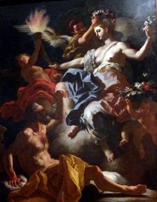 罗马黎明女神奥罗拉告别了她的情人提索努斯。极光即将照亮黑夜 Aurora, Roman Goddess of the Dawn, Bids Goodbye to Her Lover Tithonus. Aurora is about to Illuminate the Darkness of Night (1704)，弗朗西斯科·索利梅纳