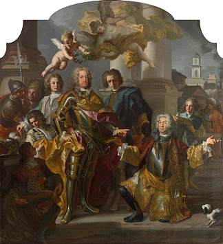 冈达克伯爵阿尔萨恩移交给皇帝查理六世（匈牙利查理三世）（1685-1740） Gundaker Count Althann Handing over to the Emperor Charles VI (Charles III of Hungary) (1685-1740) (1728)，弗朗西斯科·索利梅纳