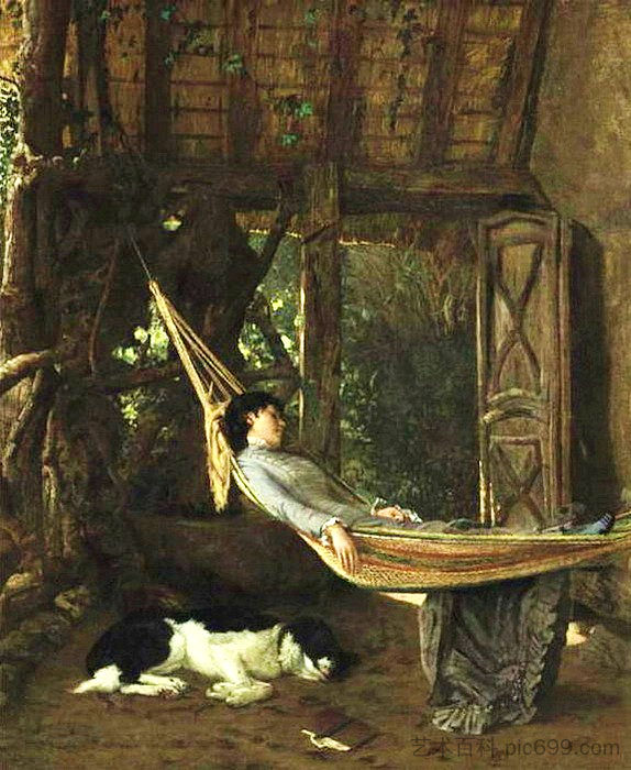 莉莉·小米在工作室的吊床上 Lilly Millet in a Hammock in the Studio (1878),弗朗西斯·戴维斯·米勒