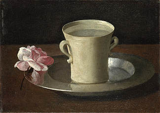 一杯水和一朵玫瑰放在银盘子上 Cup of Water and a Rose on a Silver Plate (c.1630)，弗朗西斯柯·德·苏巴朗