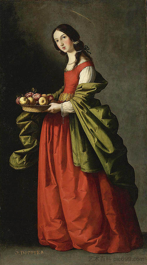 圣多萝西全长拿着一篮子苹果和玫瑰 Saint Dorothy full-length holding a basket of apples and roses,弗朗西斯柯·德·苏巴朗