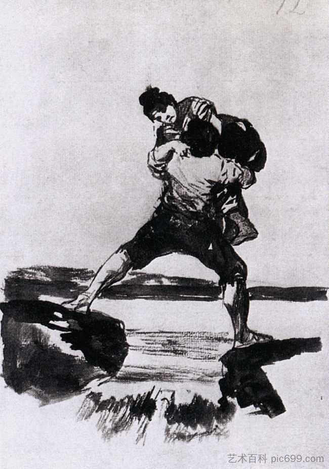 农民背着女人 Peasant Carrying a Woman (c.1812 - c.1823)，弗朗西斯科·戈雅