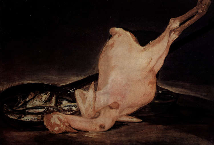 静物，拔火鸡和鱼锅 Still life, plucked turkey and pan with fish (1808 - 1812)，弗朗西斯科·戈雅