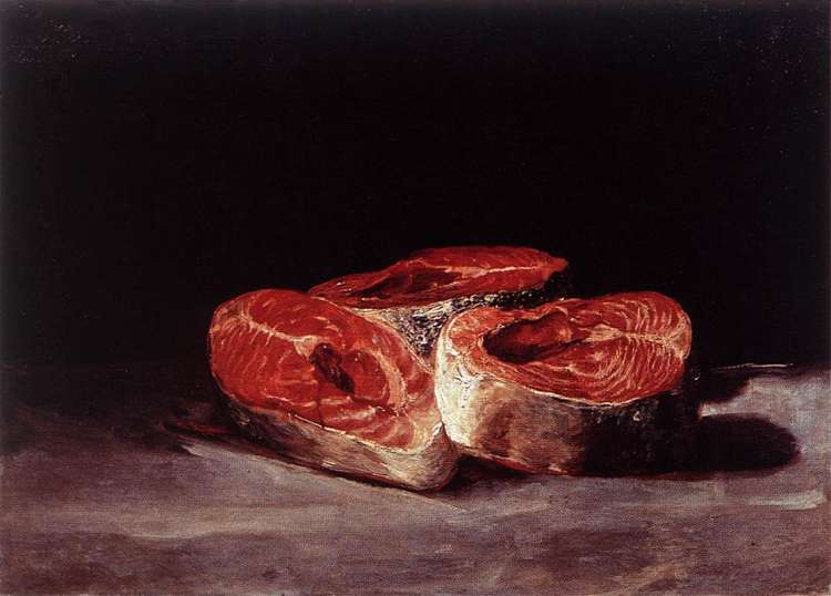 静物三文鱼排 Still Life Three Salmon Steaks (1808 - 1812)，弗朗西斯科·戈雅