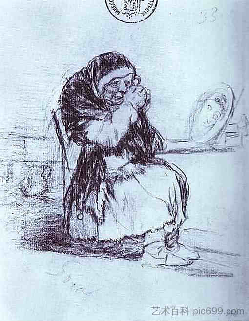 拿着镜子的老妇人 The Old Woman with a Mirror (1828)，弗朗西斯科·戈雅