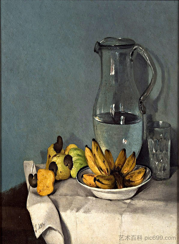 香蕉、罐子和腰果的静物 1870 Still life with bananas, jar and cashews 1870，弗朗西斯科·奥勒