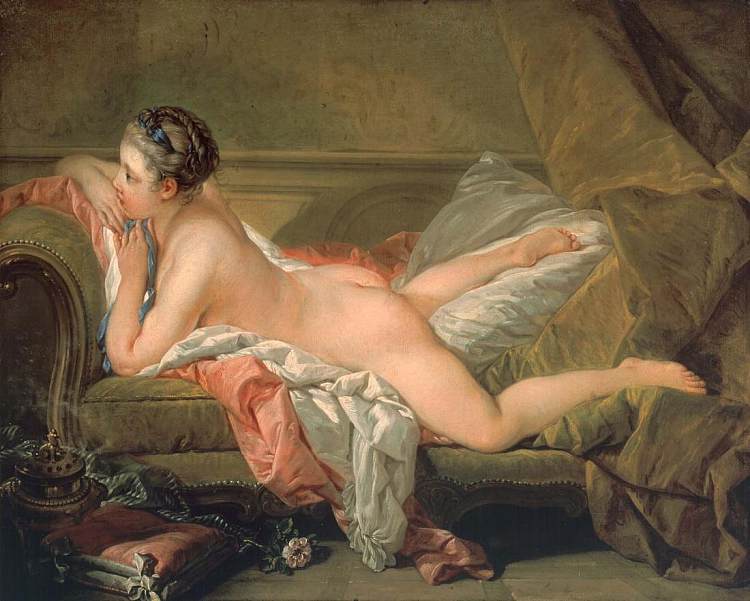 玛丽-路易斯·奥墨菲的肖像（沙发上的裸体） Portrait of Marie-Louis O’Murphy (Nude on a Sofa) (1752)，弗朗索瓦·布歇