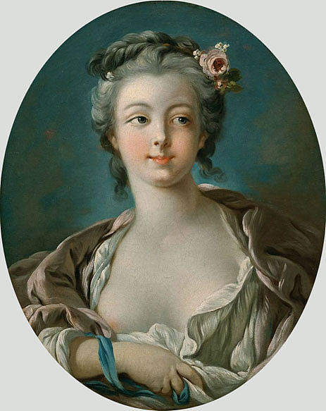 头发上插着花的年轻女子被错误地称为鲍彻夫人的肖像 Young Woman with Flowers in Her Hair wrongly called Portrait of Madame Boucher (c.1734)，弗朗索瓦·布歇