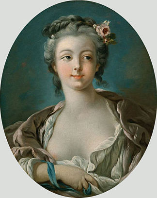 头发上插着花的年轻女子被错误地称为鲍彻夫人的肖像 Young Woman with Flowers in Her Hair  wrongly called Portrait of Madame Boucher (c.1734)，弗朗索瓦·布歇