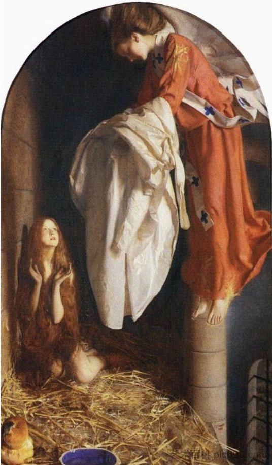 监狱中的圣艾格尼丝从天堂接受闪亮的白色礼服 St Agnes in Prison Recieving from Heaven the Shining White Gown (1905),弗兰克·卡多根·考伯