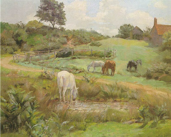 在诺曼底风景中吃草的马匹 Horses grazing in a Normandy landscape，弗兰克·奥梅拉