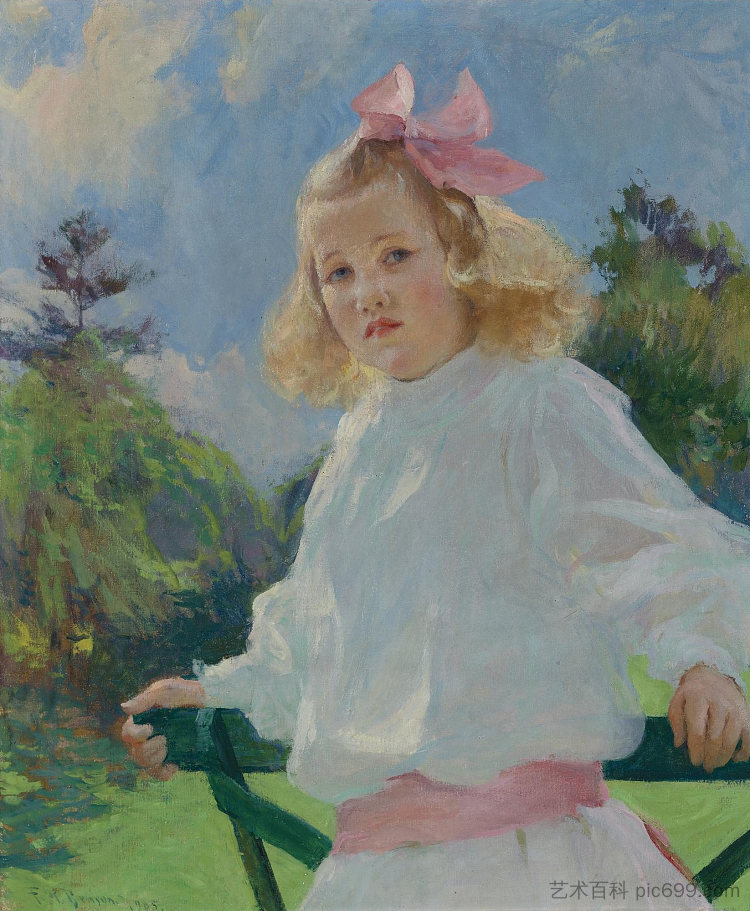 女孩与粉红色的蝴蝶结 Girl with Pink Bow (1905)，弗兰克W·本森