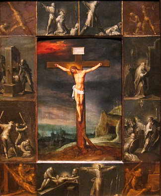 十字架上镶嵌着使徒殉道的场景 Crucifixion Enframed with Scenes of Martyrdom of the Apostles (c.1630)，小弗兰斯·弗兰肯
