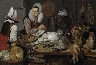 厨房内部与女仆和女士准备游戏 A Kitchen Interior with a Maid and a Lady Preparing Game (1625 – 1630)，弗朗斯·哈尔斯