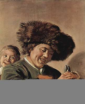 两个拿着啤酒杯的笑男孩 Two laughing boys with a beer mug (c.1626 – c.1627)，弗朗斯·哈尔斯