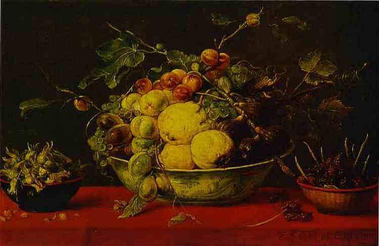 红色桌布上的碗里的水果 Fruits in a Bowl on a Red Tablecloth (1620)，弗朗斯·斯奈德斯