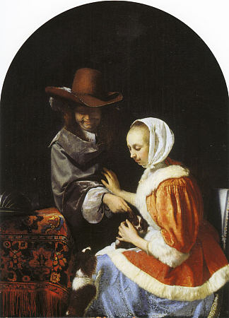 一男一女带着两只狗，被称为“逗宠物” A Man and a Woman with Two Dogs, Known as ‘Teasing the Pet’ (1660)，弗兰斯·范·米里斯